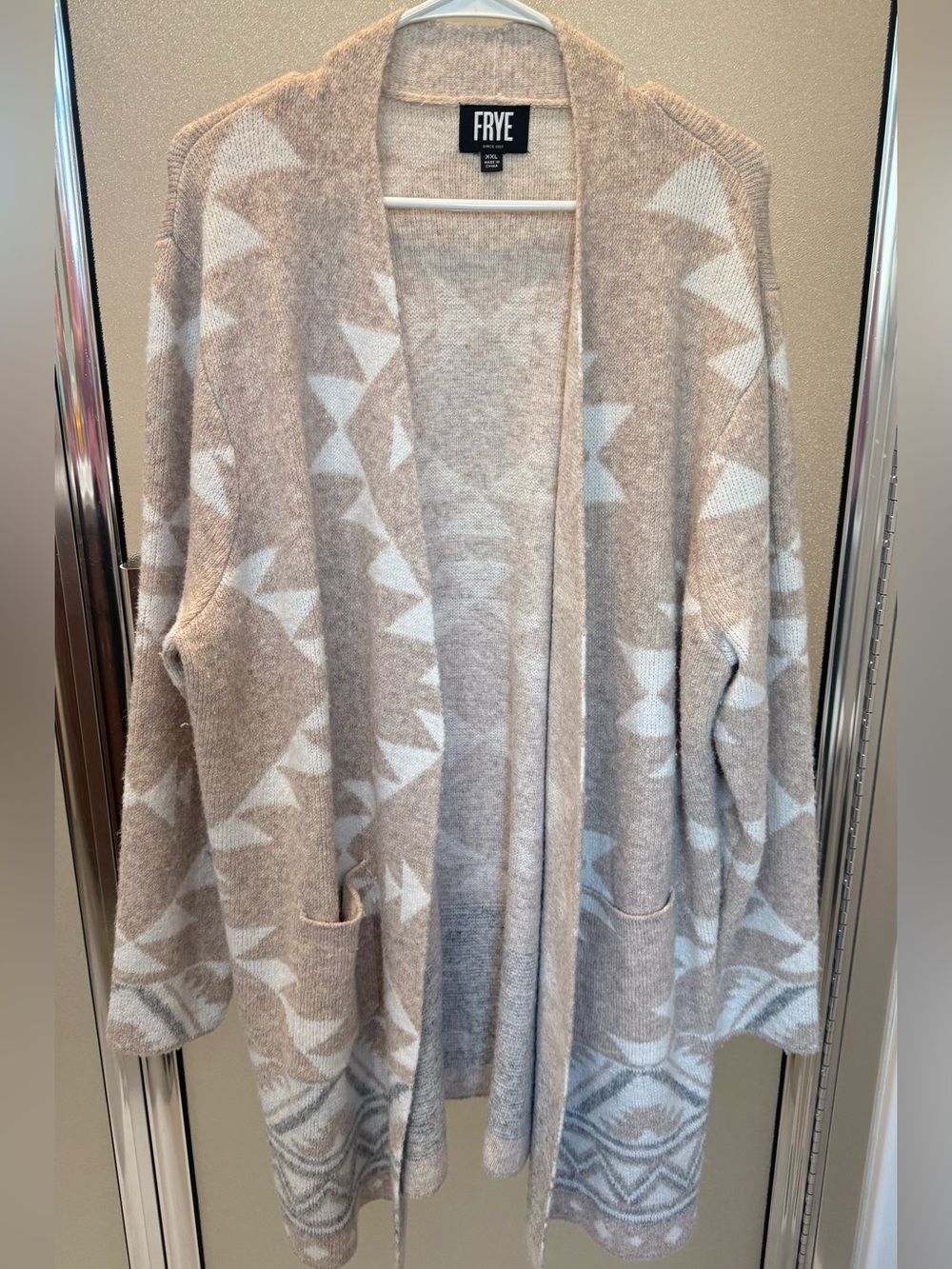 FRYE Taupe and Cream Aztec Open-Front Cardigan (long) XXL